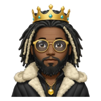 African American man with beardwith shoulder length black dreadlocks wearing black sunglasses with black bubble winter coat weariring a crown on his head sticker