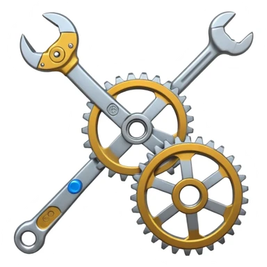 Wrench and gear merged into one tool,  sparks flying off the edges,  silver chrome metallic texture,  custom parts and bolts scattered around,  mechanical workshop energy sticker