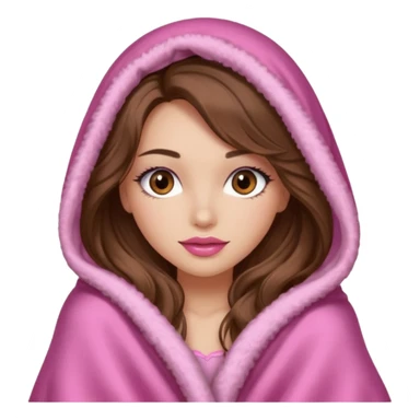 girl with long wavy brown hair, brown eyes, long lashes makeup, sexy pink lips, light to medium complexion, wearing a pink sexy silk top, big blanket over the head cozy holding a cat, remove the cat ears on the hood sticker