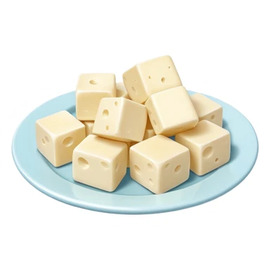 feta cheese cubes object icon, white cheese pieces on a small plate, 3D cartoon, mobile game icon style, clean background, no text, no watermark
 sticker