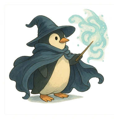 penguin wizard with a flowing cloak and magical aura sticker