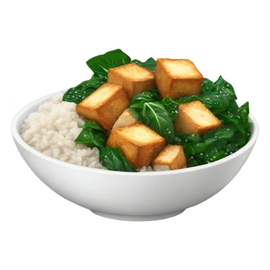 a bowl with white rice and crispy sesame tofu and spinach sticker