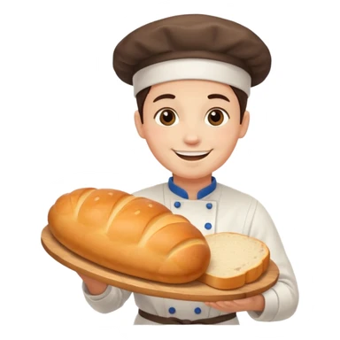 baker holding tray with big bread sticker