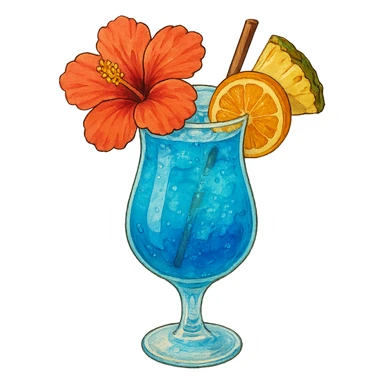 vibrant tropical fruity blue cocktail with hibiscus, pineapple and orange garnishes sticker