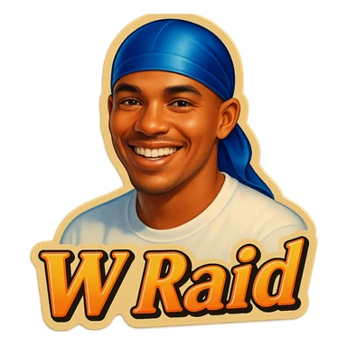 Smiling 
make his shirt white
Change His durag To BLUE
Make it say "  W Raid " sticker