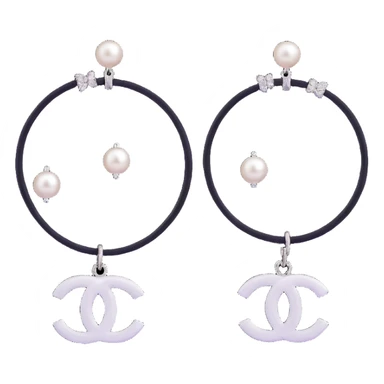 glossy 3D emoji-style black and white hoop earrings with pearl accents and small silver Chanel logo charm, elegant sticker