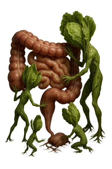 Ultra-realistic 4K illustration: stylized lettuce leaves depicted as plant-like creatures interacting with a human anatomical model of the intestine. The scene is surreal and scientific, with organic textures, refined biological details, dramatic lighting, and a bio-fantasy photorealistic style sticker