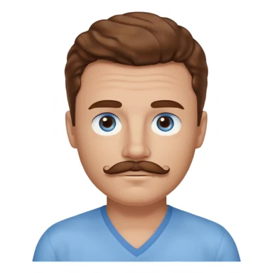 Benson Boone blue eyes, brown wavy hair and mustache, light blue v-neck shirt sticker