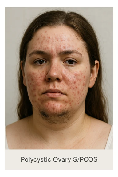 very realistic 3D medical image of a woman with PCOS, showing acne on face and hair under chin, clinical details, neutral background, medical appearance, 2:3 aspect ratio sticker