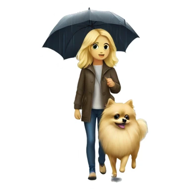 Blonde girl walking little pomeranian under the rain sticker