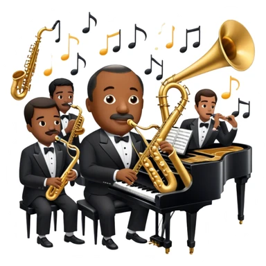 Icon for Jazz Music: Count Basie Orchestra, with Count Basie at the piano surrounded by jazz musicians playing instruments like saxophones, trumpets, and drums. Floating musical notes should capture the energetic and smooth vibe of big band jazz. Transparent background. sticker