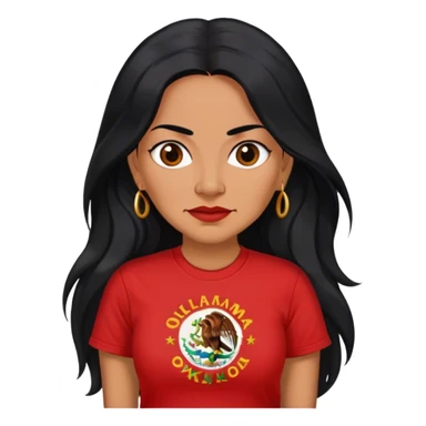 Realistic 50 year old Mexican woman long hair in a red “OKLAHOMA” t-shirt sticker