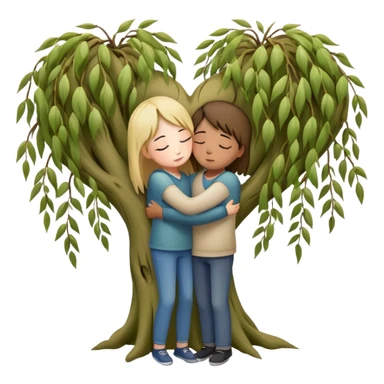 heart-shaped weeping willow tree surrounding two friends hugging in a comforting way, supportive embrace, with small heart symbol sticker