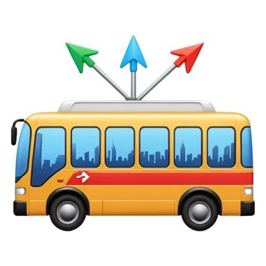 modern bus at a slight angle with three colorful arrows pointing to city icons, no skyline sticker