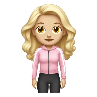 A blonde white girl in a light pink tracksuit with a fitness mat sticker