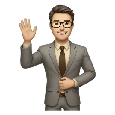 To belt Actively gesturing with hands Pale skinned fit man with dark brown hair in gray jacket, beige office shirt, brown tie, brown pants and vintage glasses. sticker