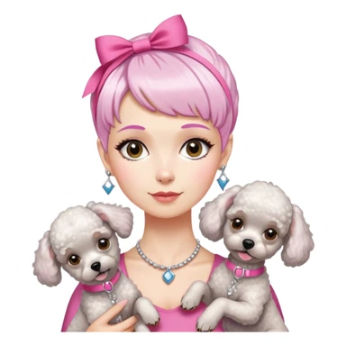 short pixie bangs platinated woman pink hair band，fair-skinned ,no earringsholding two poodles sticker