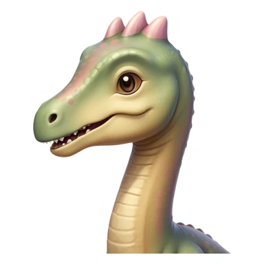 Cinematic Cute Brachiosaurus Portrait Emoji, Head tilted playfully with a warm, endearing smile, featuring a diminutive, almost whimsical head atop an impressively long neck and a sturdy, gentle body, adorned in soft, pastel earthy hues, Simplified yet irresistibly adorable features, highly detailed, glowing with a tender, inviting glow, high shine, affectionate and lively, stylized with a touch of prehistoric whimsy, soft glowing outline, capturing the essence of a playful Brachiosaurus that seems as if it could amble out of the screen into your arms! sticker