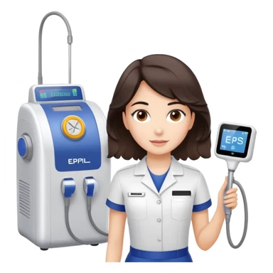 Девушка с короткими темными волнистыми волосами, карими глазами, в униформе мастера по эпиляции стоит рядом с аппаратом эпиляции. На униформе написано es_epil sticker