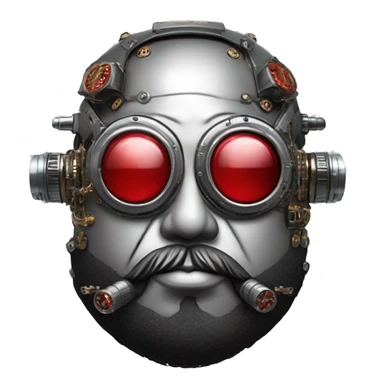 Fat cyborg head with red silver steampunk goggles, black beard and circuits sticker