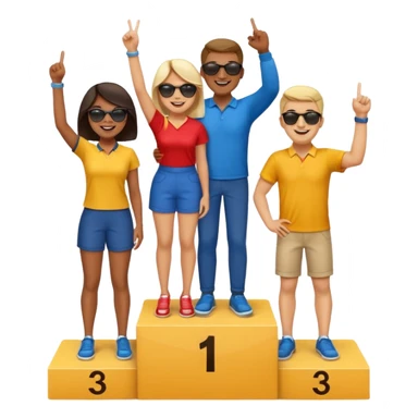 three casually dressed multi-racial people on a winners podium with the center step higher, no numbers, center person holds up one finger on each hand, cheerful fun expressive emoji style sticker