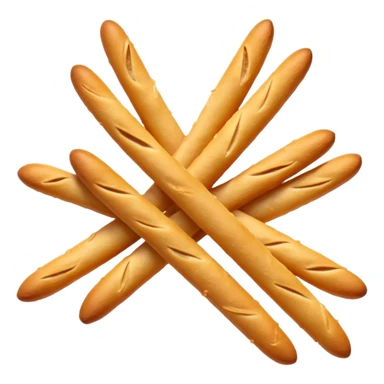 loose cluster of thin crunchy breadsticks with golden-brown slightly blistered surface and subtle curves, straight or slightly uneven sticks, crisp dry textures, rustic baked look, no packaging, no dip, no extras, soft lighting, subtle shadows, emoji scale sticker