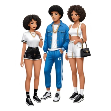 Man with loose curly tapered fro living his dream standing in the master bedroom of a mansion. He’s boo’d up with a pretty Brownskin big booty woman wearing a Chanel outfit with her holding a Chanel bag. The man has on a Fear of God Essentials outfit wearing designer socks. The man isn’t holding a bag sticker