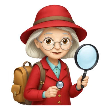 scout old woman with hat, backpack and magnifying glass, red sticker
