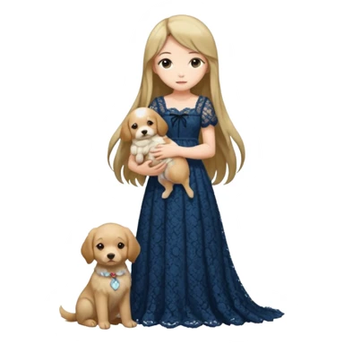 Pastel anime lady long hair with long lace dress full body holding puppy sticker