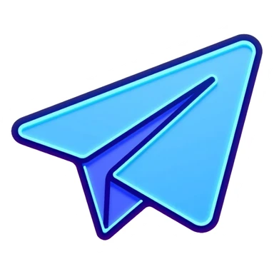 Telegram paper airplane logo in classic blue color, with neon glow lines, blue neon glow on top left, purple neon glow on bottom right sticker