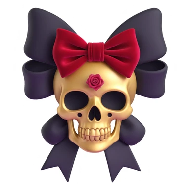 gothic bow with crimson velvet, gold skull charm, deep red rose center, dramatic and gothic style sticker