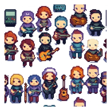 Fall Out Boy band as pixel art characters, each member holding their instrument, retro video game style sticker