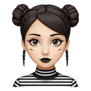 generate a pretty fair bratz girl with dark brown eyes. Dark brown hair straight hair with coloured highlights tied into buns.  eyeliner. black lipstick. Wearing a white and black striped top sticker
