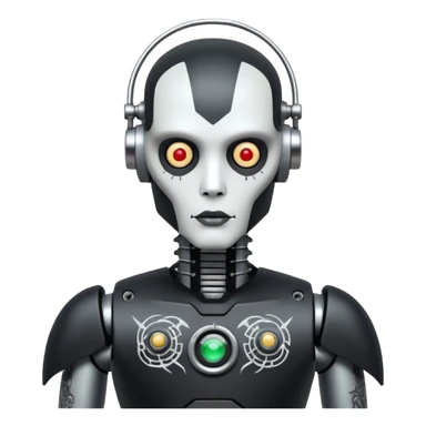 black metal Tatooed robot with radar, big many tatooes on chest, neck and face, white tatoo on face sticker