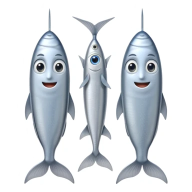 two small whole sardines side by side, silvery skin with light blue-gray tones, fine scale texture, slim elongated bodies, pointed heads, visible eyes, slightly curved tails, soft lighting, subtle shadows, emoji scale sticker