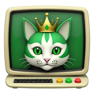 mac os icon code computer retro terminal, black, green white, fantasy court jester cat draw as ASCII GREEN code inside the terminal sticker