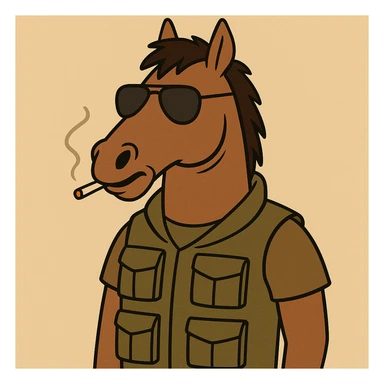 brown horse with an army vibe, cartoon style, wearing aviator sunglasses and a flak jacket sticker
