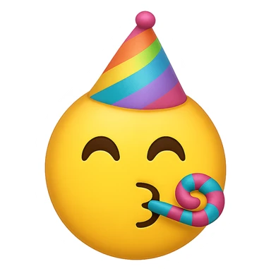 yellow face with rainbow party hat, digital illustration, emoji style, no background sticker