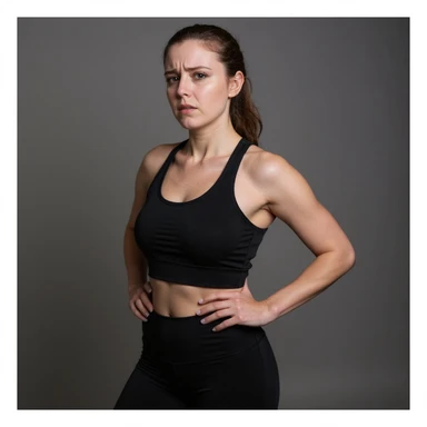 Realistic style woman in sportswear inspired by the reference photo, standing with one hand on her belly and the other on her back, showing an expression of annoyance, neutral background. sticker