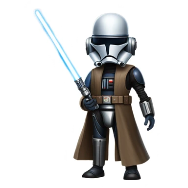 tough well-equipped jedi first order darkblue-pearl C3po as a friendly bounty hunter droid wearing a leather attire old west duster coat holding light saber ready  sticker