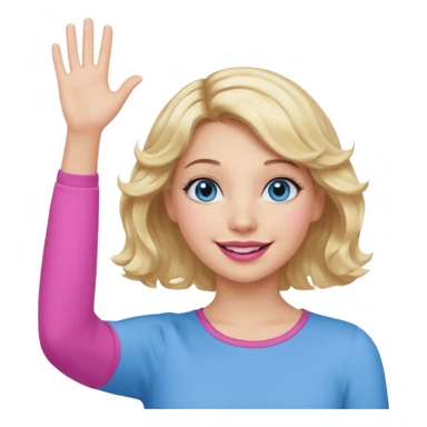 Girl Blonde short wavy hair,  blue eyes, cute blue top, long lashes, pink lips, smiling, hand in the air sticker