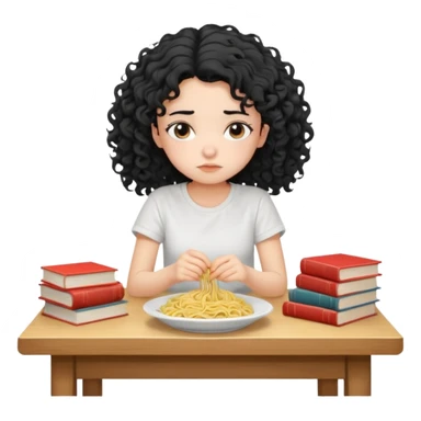 generate a pretty bratz fair skinned girl with curly black hair wearing a white tshirt sitting on a table with noodles and books. looking sleepy and tired and sad sticker