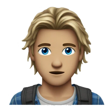 Blue eyed teenage man with a middle split long hair wearing a grunge shirt  sticker