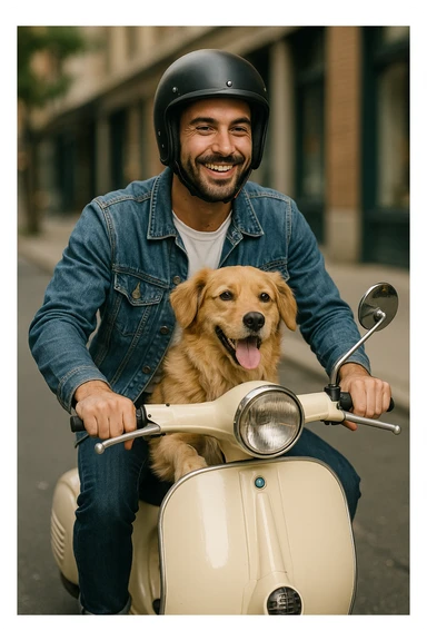 man and his pet dog riding a vespa sticker