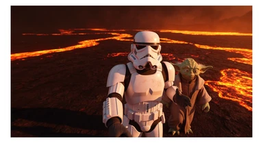 Cinematic still, selfie camera, Starwars stormtroopers vlogging , he is walking on lava planet with yoda sticker