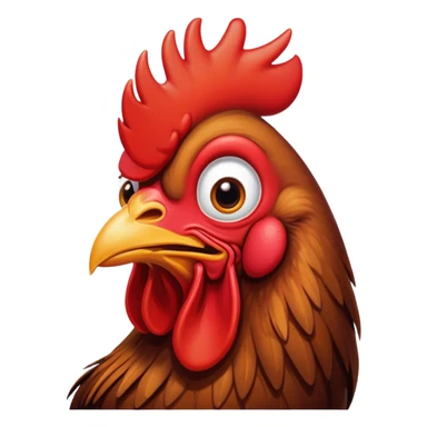 Cinematic Comical Brown Rooster Portrait Emoji, Head tilted dramatically with an exaggeratedly amused expression, featuring a striking, glossy brown plumage with a bold red comb, wide, expressive warm eyes filled with playful disbelief, Simplified yet hilariously expressive features, highly detailed, glowing with a slightly sassy glow, high shine, dramatic yet playful, stylized with an air of cheeky mischief, bright and endearing, soft glowing outline, capturing the essence of a spirited and over-the-top rooster, so meme-worthy it feels like it could crow its way into internet fame instantly! sticker