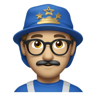 Homme européen yeux bleus avec une moustache portant des lunettes bleues  une casquette jordan bleu un survêtement bleu sticker