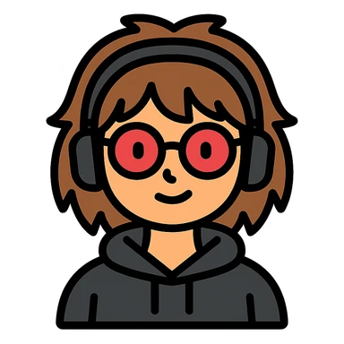 tan brunette girl with a short wolf haircut, round ruby glasses, black headphones, and a black hoodie sticker