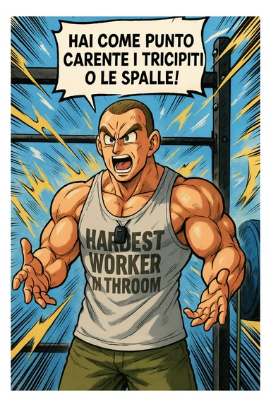 Personal trainer che dice al suo allievo, "hai come punto carente i tricipiti o le spalle!" Stile manga di Dragon Ball sticker