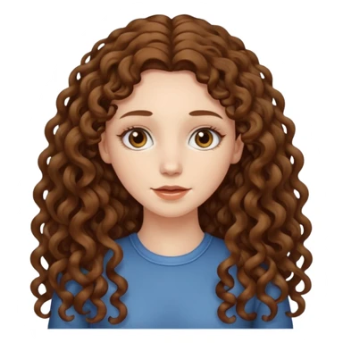 pale woman with brown curly very long hair, middle part. the hair is very long, waist length, but you can't see her waist sticker